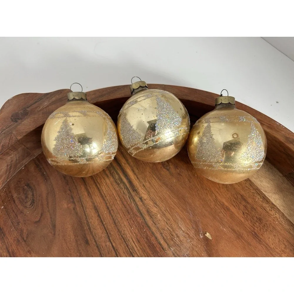 Vintage Christmas Tree Ornament Set Of 3 Gold W/ Glitter Pine‎ Tree Estate Find